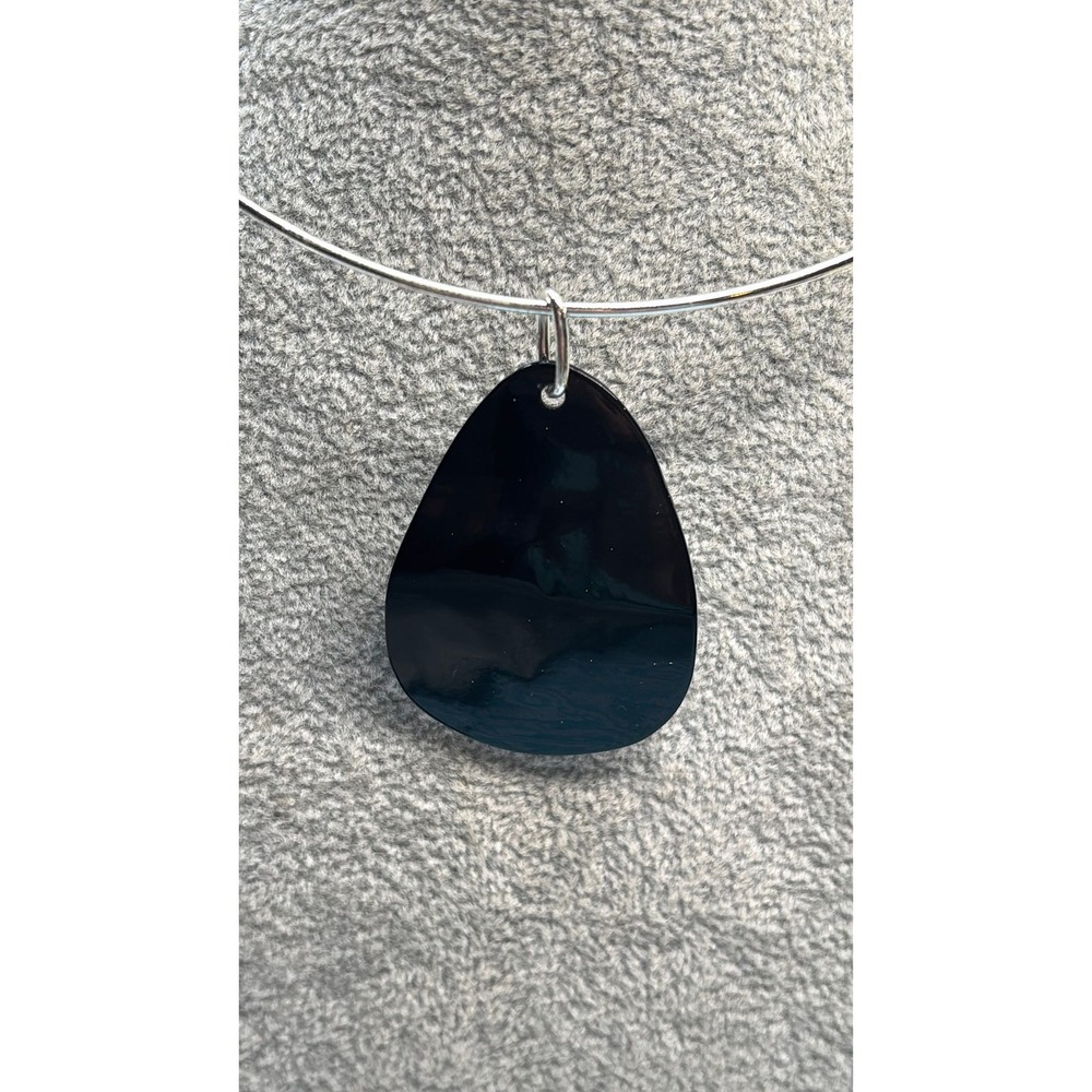 #40.  Minimalist Silver Wire Choker Necklace with Glossy Black Freeform Pendant